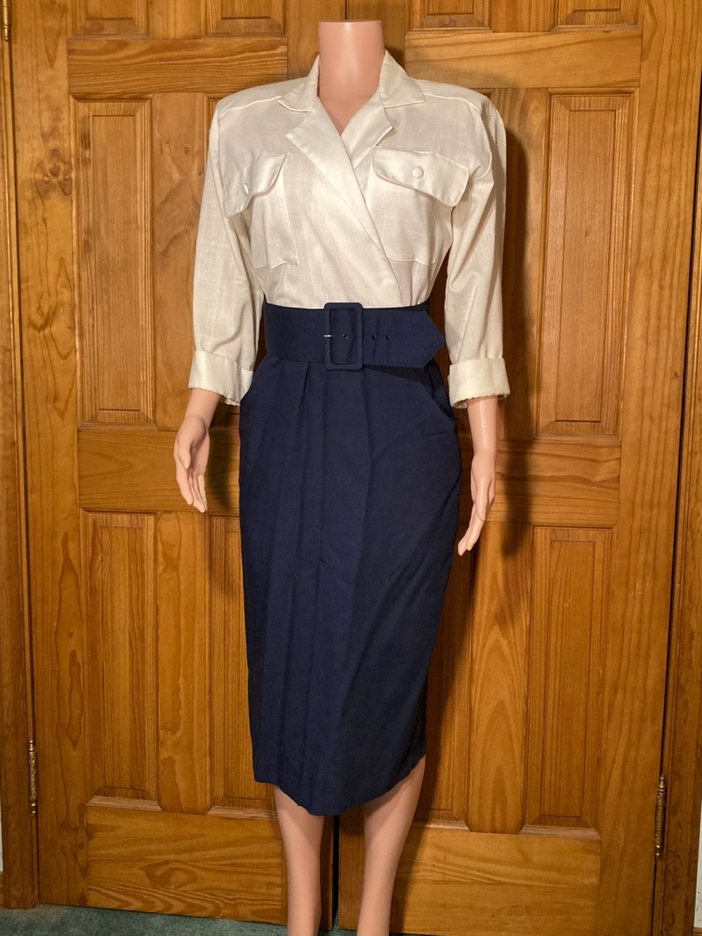 EUC Vintage 80s Dress 3/4 Sleeve Midi Career Dress Blue White Size 9/10